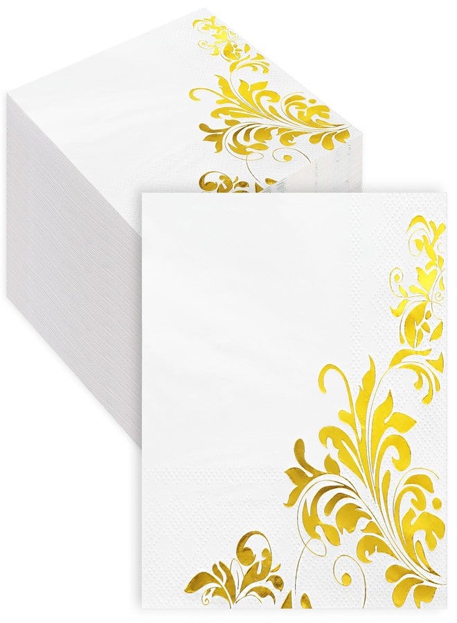 JarThenaAMCS 100 Sheet White Gold Cocktail Napkins 3ply Gold Foil Disposable Beverage Napkins Paper Dinner Napkins for Wedding Birthday Party Supplies - Image 1